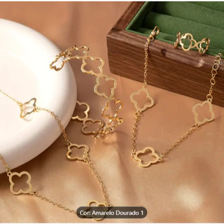 conjunto de colar trevo elegante classsico 4 peças banhado a ouro TDCC9