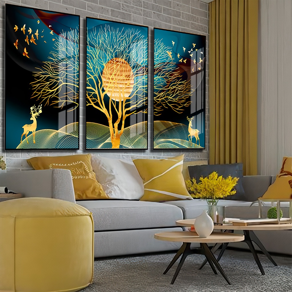 Quadros Decorativos De Parede Cervo Pintura Gold Árvores Natureza Abstrato  Quarto Sala Escritório | Shopee Brasil