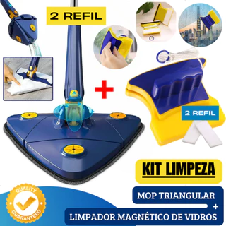 MOP Triangular Giratório Limpeza com 2 REFIL + Limpador de Vidros Magnético 2 REFIL - KIT LIMPEZA