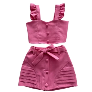 Conjunto Infantil Menina Cropped Com Alça de Babadinho e Shorts Saia Moda Blogueira Mini Diva Com Botões Laterias