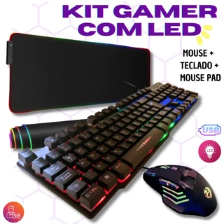Kit gamer teclado semi mecânico mouse 3.200 dpi mouse pad led rgb usb