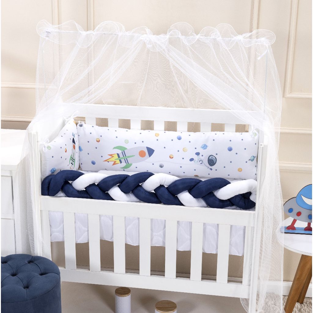Kit Mini Berço Astronauta 7 peças Foguete Mosquiteiro Trança Cabeceira Lençol elástico Micropercal