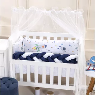Kit Mini Berço Astronauta 7 peças Foguete Mosquiteiro Trança Cabeceira Lençol elástico Micropercal