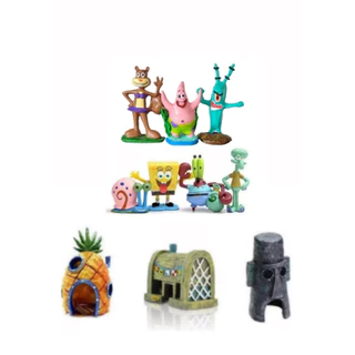 kit Enfeites De Aquário Fenda Do Biquini Turma Bob Esponja 3 casas(abacaxi,restaurante,lula) 7 Persongens