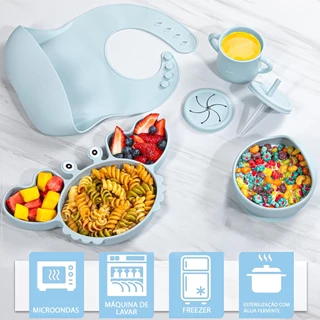Conjunto Refeição De 7 Peças Para Bebe De Silicone Com Ventosa Canudo Talher e Babador - A789