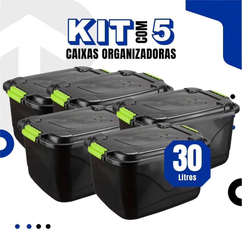 Kit 5 Caixas Organizadoras 30l Grande C/Tampa e Trava Organizador para Brinquedos Multiuso