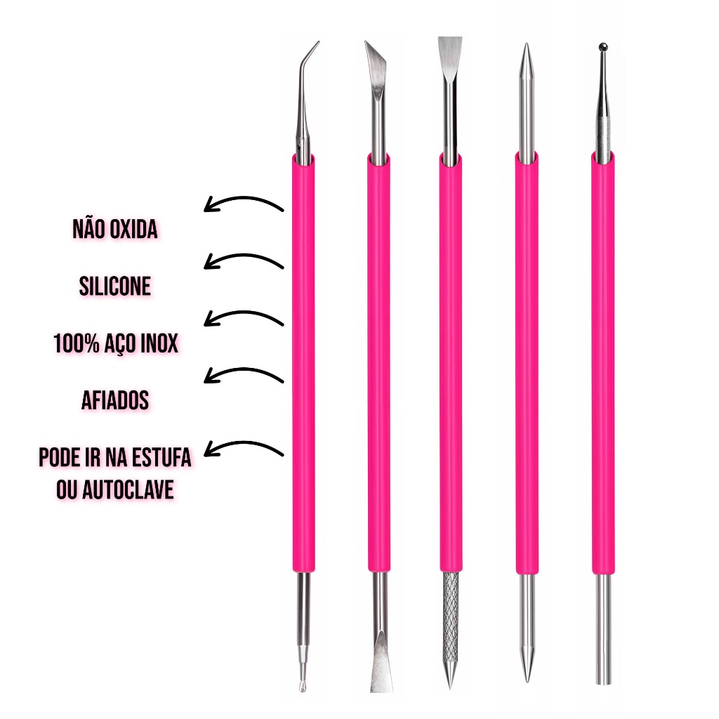 Kit 05 Espátulas Palito Desencravador Bastão Mista Unhas Inox Com ...
