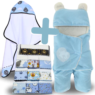Kit Toalha de Banho Bebe + Saco de Dormir com Orelhas + 6 Toalhas de Ombro Felpuda Atoalhada