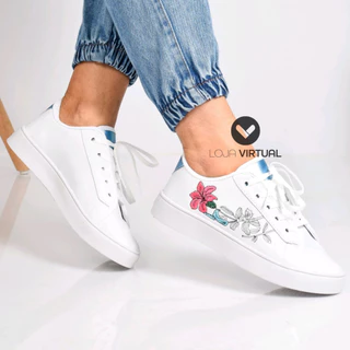 Tênis Feminino Casual Floral Sapatênis Branco Confortável Lançamento