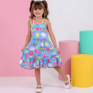 Vestido Infantil Menina Casual Tecido Sedinha Estampas de Nuvens