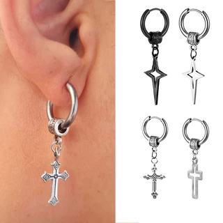 Brinco Masculino Argola prata Preto Black em aço inox clicker cruz crucifixo Vazado romana coreano