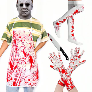 Kit de faca com avental, luvas e meia-calça 7/8 com estampa de sangue fantasia festa de Halloween cosplay