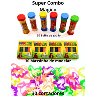 30 Massinha Modelar + 30 Bolha de Sabao+ 30 Cortador Molde Kit Festa Lembrancinha Aniversario Prenda
