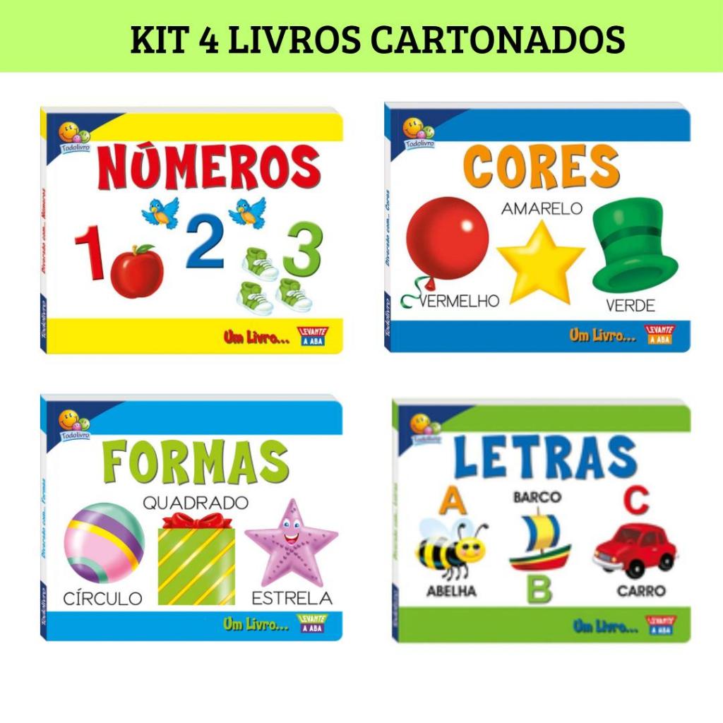 Kit com 4 livros cartonados com abas - Formas, Cores, Números e Letras