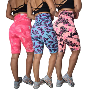 Kit C/ 03 Bermuda Ciclista Estampado Cós Alto Duplo Shorts Academia
