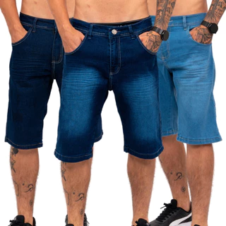 Kit 3 Bermudas Jeans Masculina Lycra Elastano
