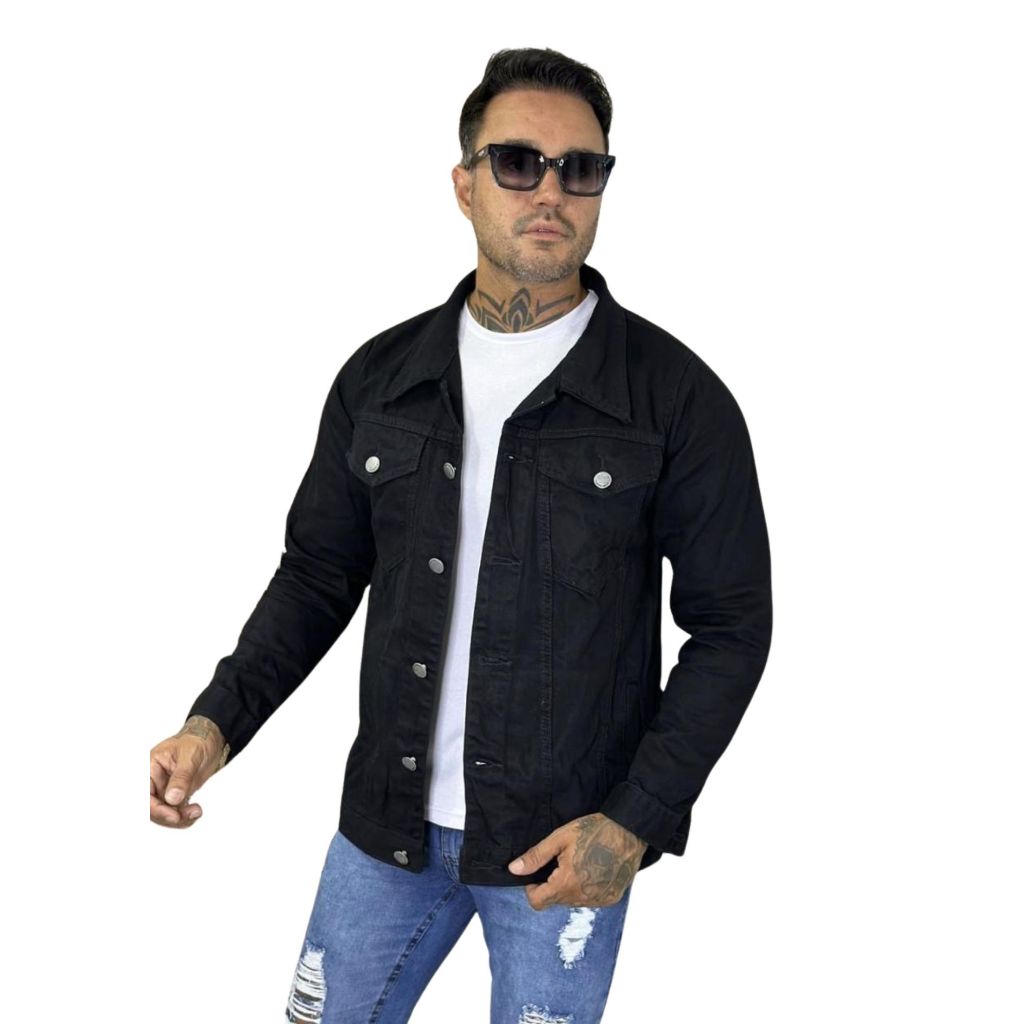 Jaqueta Masculina Jeans Preta Fechamento Com Botões Prateados