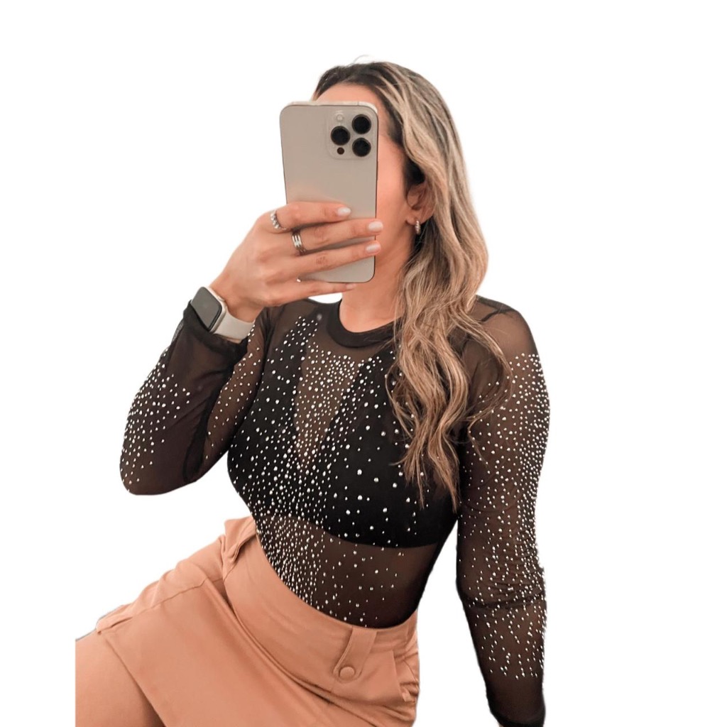 Body Tule Pedraria com Brilho Manga Longa Transparente Feminino