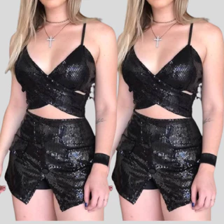 Conjunto Feminino Paetê Short Saía e Cropped Cruzado Moda Balada Blogueira