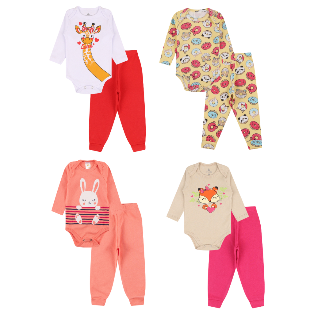 Kit 8 Peças de Roupas para Bebê Menina (4 Body Longo + 4 Kit 8 Peças de Roupas para Bebê Menina (4 Body Longo + 4