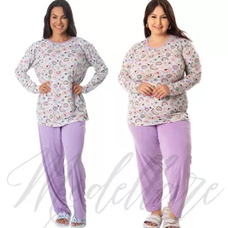 PROMOBLACK Pijama Feminino Inverno 38 ao Plus Confortável Adulto Quentinho Conjunto com Calça Comprida Cores Sortidas Blusa de Frio