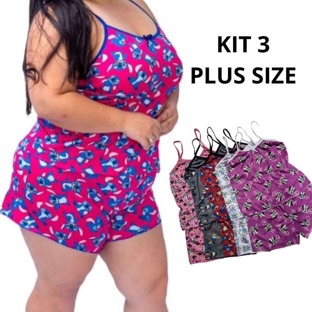 Kit 3 Baby Doll Plus Size Pijama de Dormir Estampado