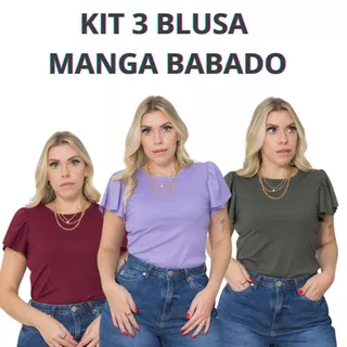 Kit 3 Blusa feminina blusinha manga babado canelado