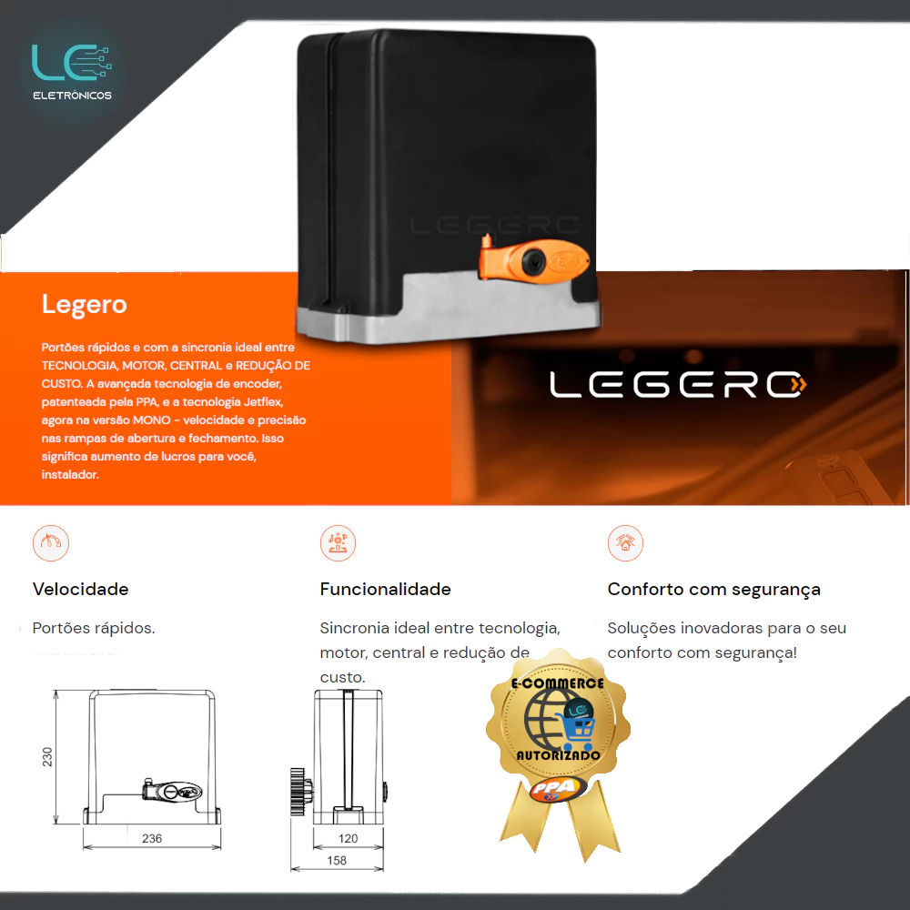 Kit Motor De Portão Eletrônico Automático Deslizante Ppa Dz Stark Legero 500kg 2tx 6,5s 1/3HP