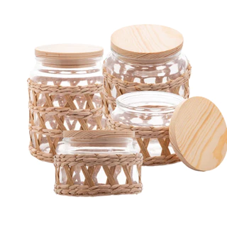 Kit 4 Porta Mantimentos de Vidro com Sisal e Tampa de Madeira (350 ml - 350ml - 520ml - 750ml)