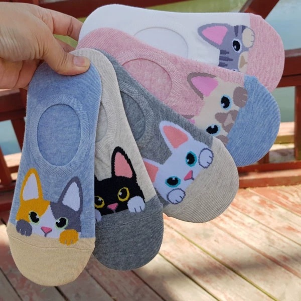 Kit 3 ou 12 Pares Meia Algodão Sapatilha Invisivel Estampada Gatinho Feminina