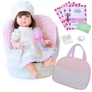 Boneca Reborn Bebê Realista Em Silicone Com Vestido Listrado Com Bolsa de Maternidade Envio Imediato