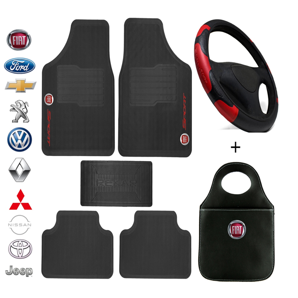 Kit Automotivo Completo Tapete 5 Peças + Capa de Volante + Lixeira