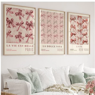 Quadros decorativos Coquette pink minimalista quarto feminino 3 peças (não acompanha moldura)