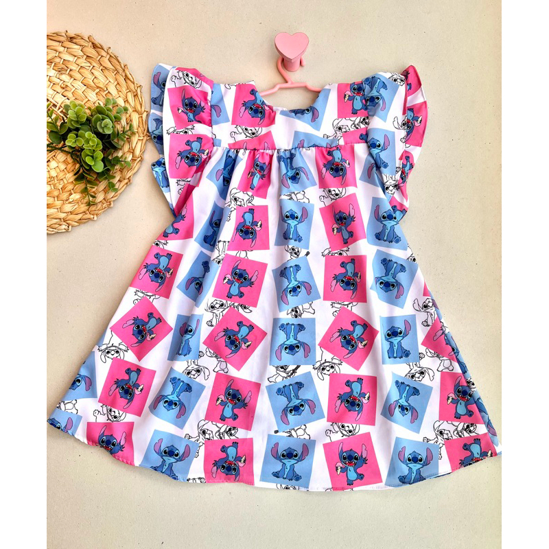 Vestido Infantil Menina Para Festa Estampado Tema Stitch Divertidamente Mikey Minnei Verão Luxo
