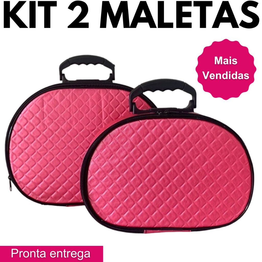 Kit 02 Maleta Frasqueira Necessaire Para Viagem Maquiagem Esmaltes Meia Lua Rosa