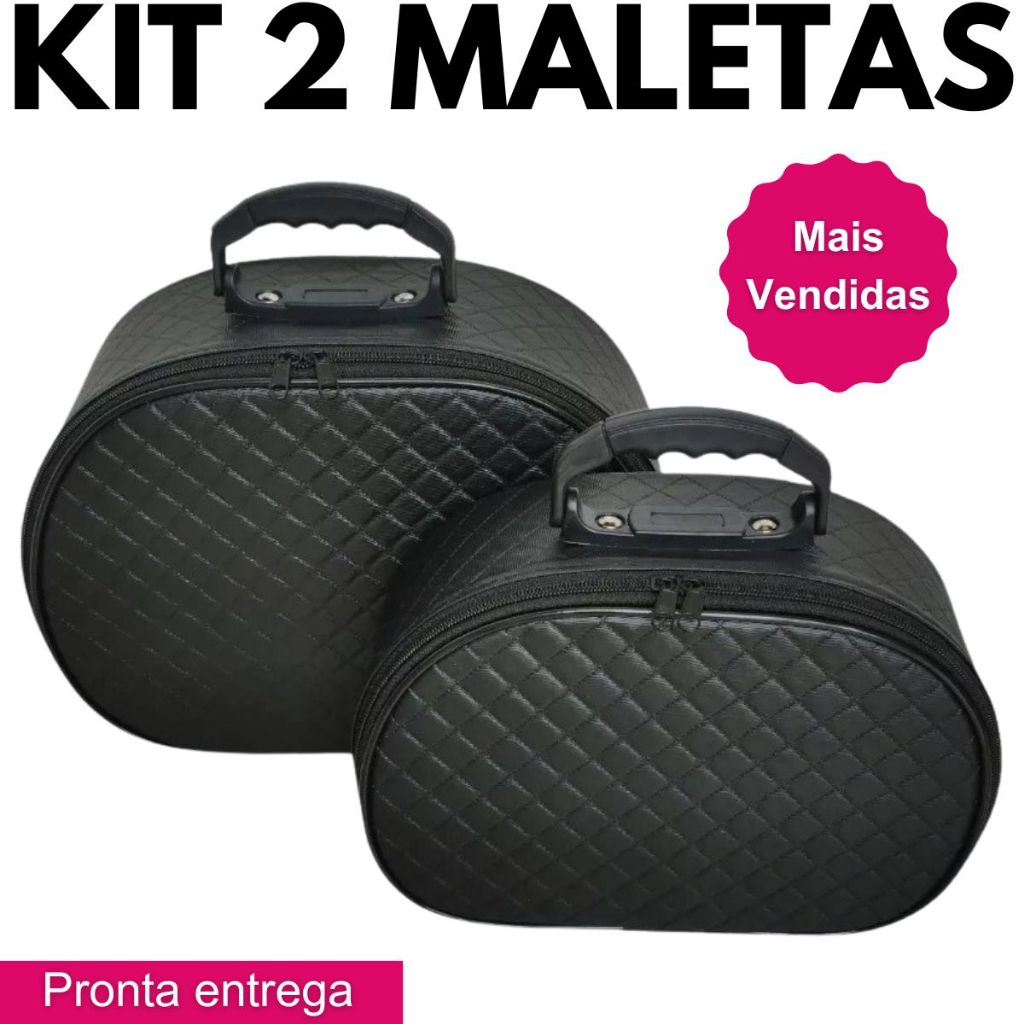 Kit 02 Maleta Frasqueira Necessaire Para Viagem Maquiagem Esmaltes Meia Lua Preta