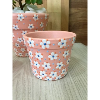 Vaso para Plantas Salmão Pintado à Mão Flores