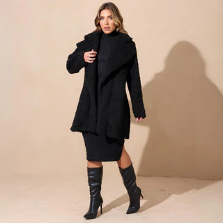 Sobretudo Casaco Feminino Teddy com Pelinhos Inverno Frio Elegante Pelo Sintetico