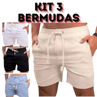 Kit 3 Short de Linho Masculino Mauricinho Premium Bermuda Casual Slim