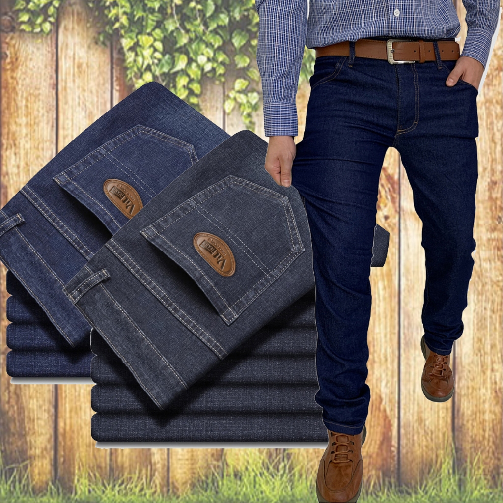 Calça Jeans Masculina Tradicional Perna Larga Reforçada Com Elastano Reta Básica Lycra Country Cowboy