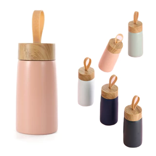 Mini Garrafa Inox 250 ml alça bambu pequena Agua suco bebida escola faculdade trabalho garrafinha