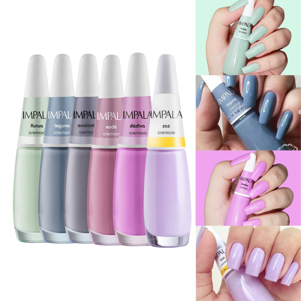 Impala Kit 6 Esmaltes Tons Pasteis Hipoalergênico 7ml Kit esmalte Impala Verde Azul Roxo Rosa Lilás