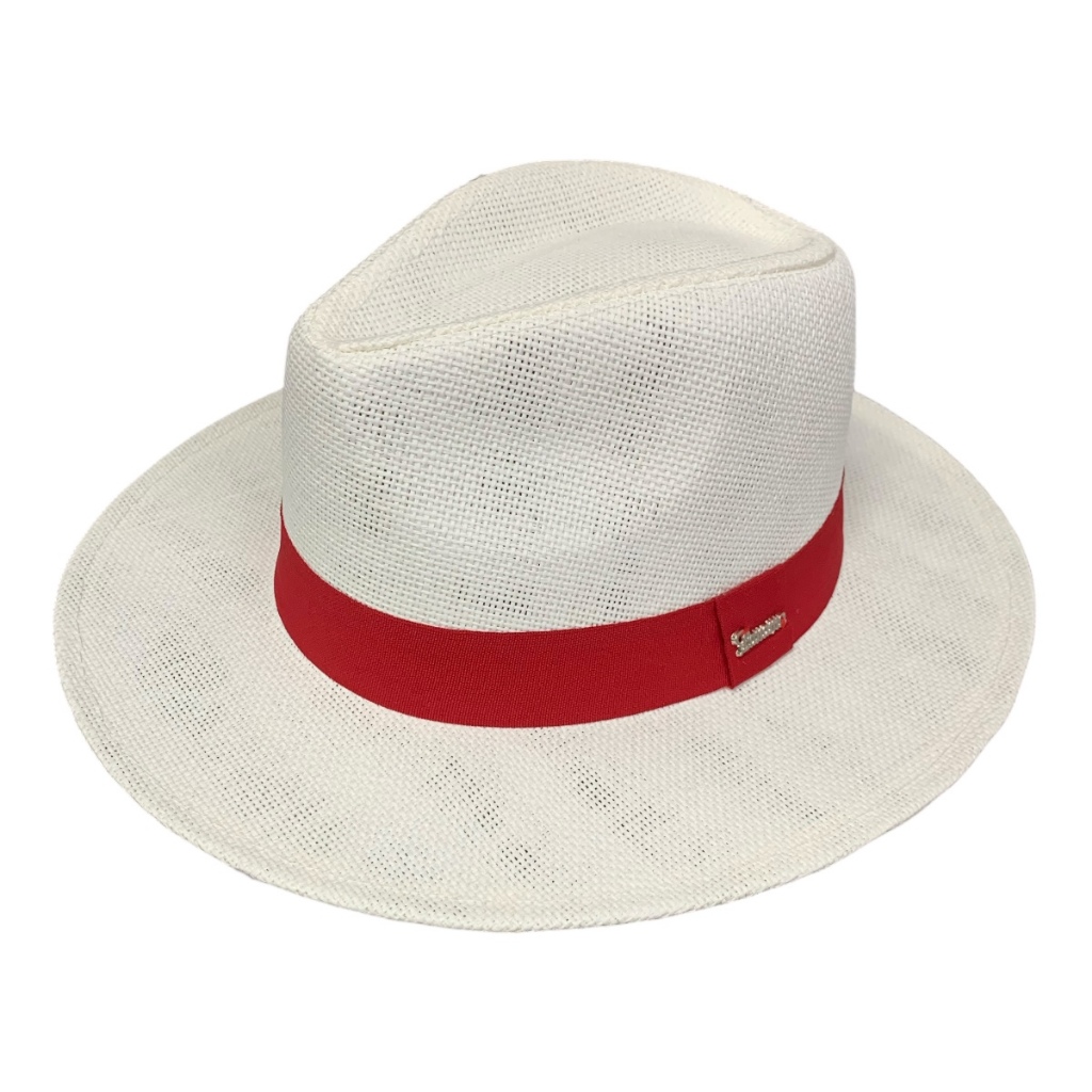 Chapéu Tipo Panamá Branco com Faixa Vermelha Aba Média