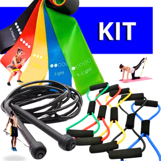 Kit Treine Em Casa Completo Elástico Extensor Cross Tube + Corda de Pular + Kit com 5 Faixa Mini Band