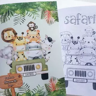 10 unid Livro/Revistinha de colorir mini 10x15cm personalizada + giz de cera ( Tema Safari baby)