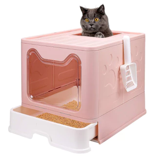 Caixa De Areia Fechada Banheiro Para Gatos Dobrável Rosa