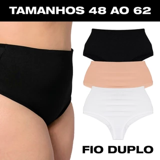 Kit 3 Calcinhas Plus Size Cós Alto Fio Duplo Lingerie Feminina Modeladora Do 48 ao 62