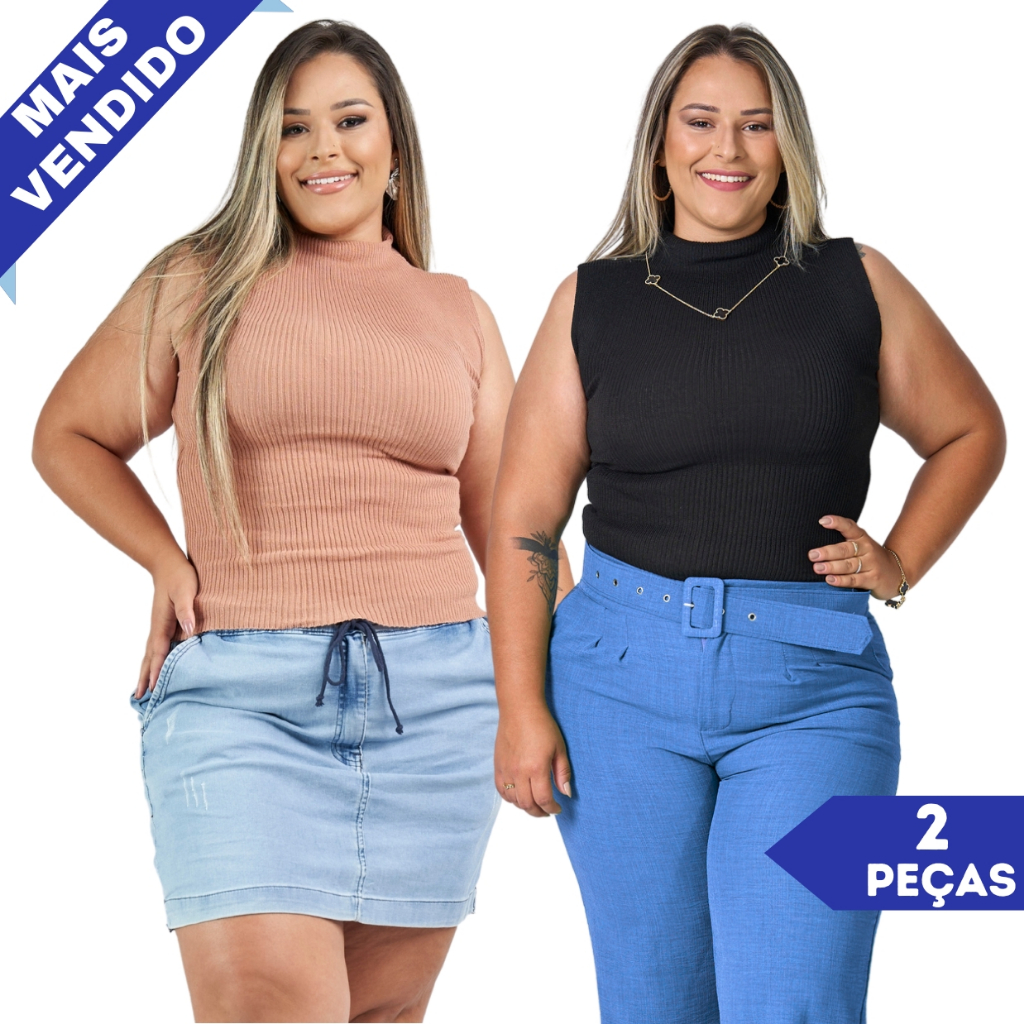 Blusa Feminina Kit 2 Un Garrafinha Plus Size Gola Alta Trico Canelado