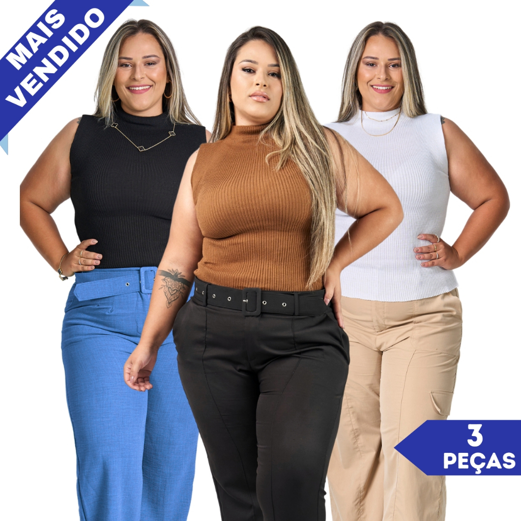 Kit Plus Size 3 Peças Tricot Gola Alta Canelado