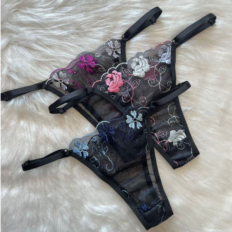 Kit 5 Calcinha Tanga Meio Fio Em Tule Bordado